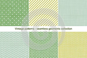Collection of vector seamless geometric vintage patterns. Colorful old backgrounds. Textile endless textures