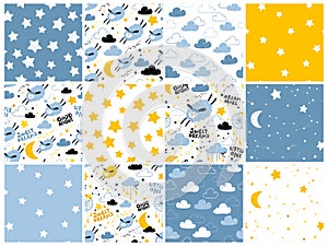 Collection Vector seamless pattern with cute sheep moon clouds. Night nursery background. For children, clothes, fabrics, textiles