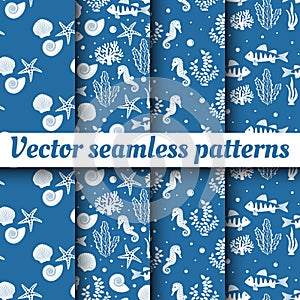 A collection of vector seamless patterns on a blue background. Underwater world in cartoon style.