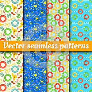 Collection of vector seamless patterns. Summer backgrounds. Summer, sun, beach accessories