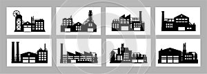 Collection of Vector Silhouette Industry Buildings, Set of Business Industrial Warehouse, Exterior Manufacturing Factories Illustr