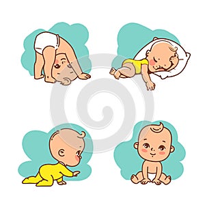 Collection of vector stickers of little baby boyar girl in diaper, pajamas.