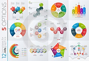 Collection of 12 vector templates for infographics with 5 options photo