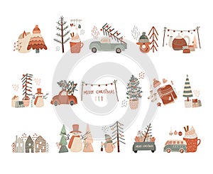 Collection of vector winter illustrations in flat style, cozy Christmas funny set of pre-made scenes