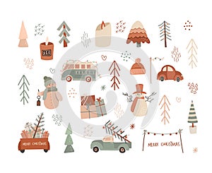 Collection of vector winter objects (retro cars with gifts, Christmas trees, snowman, gift boxes) in flat style