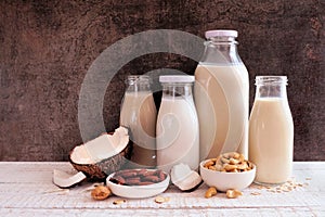 Collection of vegan, plant based, non dairy milks in bottles