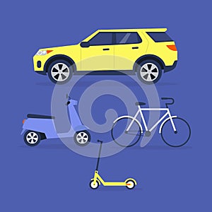 A collection of vehicles: car, motorbike, electric scooter, bicycle
