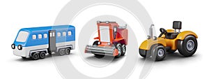 Collection of vehicles of various types. Blue railway passenger car, red combine harvester, tractor