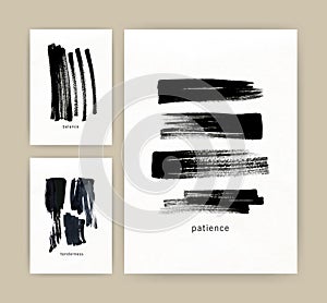 Collection of vertical minimalistic poster, flyer or card templates with black ink or paint traces, daub, scribble or