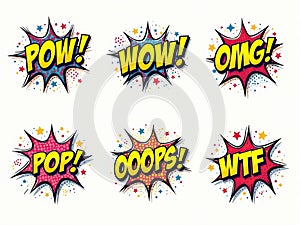 Colorful Comic Speech Bubbles with Various Exclamations, created with the participation of artificial intelligence