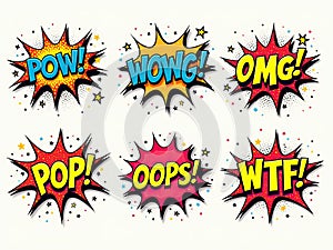 Colorful Comic Speech Bubbles with Various Exclamations, created with the participation of artificial intelligence
