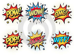 Colorful Comic Speech Bubbles with Various Exclamations, created with the participation of artificial intelligence