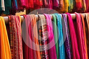 a collection of vibrant handmade scarves hanging