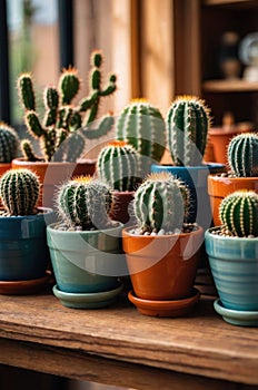 Collection of Mini Cactus Plants in Colorful Ceramic Pots on Wooden Surface