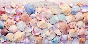 A collection of vibrant sea shells arranged symmetrically on a white surface