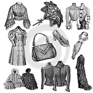 Collection of Victorian clothes and accessories illustrations