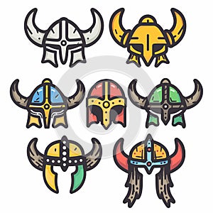 Collection Viking helmets colorful cartoon styles. Norse warrior helmets icons, medieval headgear photo