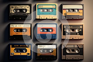 Collection of vintage audio cassettes on dark background. Generative AI illustration