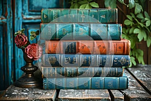 A collection of vintage books stacked on a wooden table