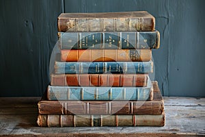 A collection of vintage books stacked on a wooden table