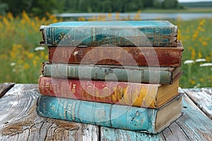 A collection of vintage books stacked on a wooden table