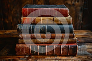 A collection of vintage books stacked on a wooden table