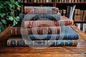 Collection of vintage books stacked on wooden table