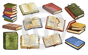 Collection of vintage books and stacks. Watercolor set, clipart