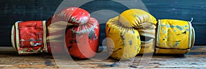 A collection of vintage boxing gloves arranged on a wooden surface