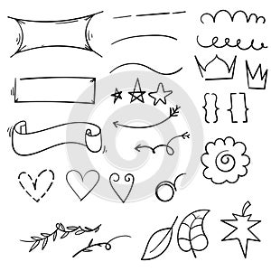 Collection of Vintage decorative doodles. Hand drawn ribbon, outline arrows and doodle holidays cards decorations. Flower, heart,