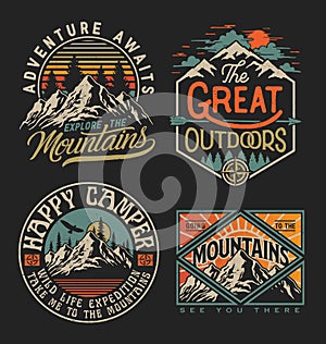 Collection of vintage explorer, wilderness, adventure, camping emblem graphics. Perfect for t-shirts, apparel and other merchandis photo