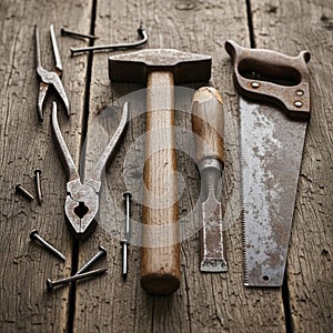 A collection of vintage hand tools is arranged on a rustic wooden surface