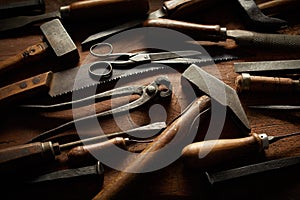 Collection of vintage hand tools with wood handles photo