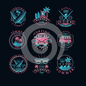 Vector set of vintage logos for surfing club. Creative emblems with surfboards, sunglasses, vans and palm trees. Hawaii