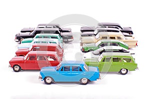 Collection of die-cast car models isolated on the white background