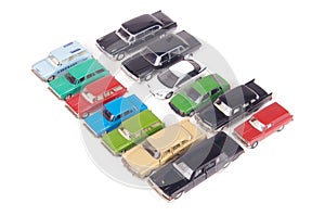 Collection of die-cast car models isolated on the white background