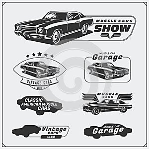 Collection of vintage muscle cars labels, badges and design elements. Car service labels.