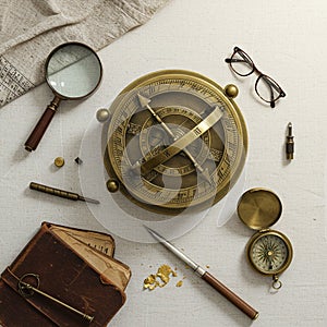 A collection of vintage navigation instruments arranged on a textured white surface.