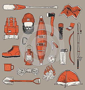 Collection of vintage outdoor camping and recreation elements