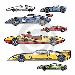 Collection vintage race cars, colorful retro racing vehicles, classic speed automobiles
