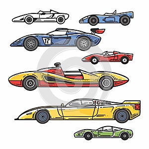 Collection vintage race cars, colorful retro racing vehicles, classic speed automobiles photo