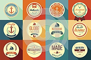 Collection of vintage retro labels, badges, stamps and ribbons