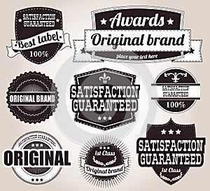 Collection of vintage retro labels, badges, stamps, ribbons photo