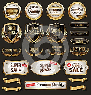 Collection of vintage retro premium quality golden badges and labels