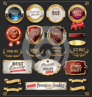 Collection of vintage retro premium quality golden badges and labels photo
