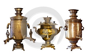 Collection of vintage samovars on white background