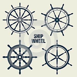 Collection of vintage steering wheels. Ship, yacht retro wheel symbol. Nautical rudder icon. Marine design element