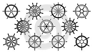 Collection of vintage steering wheels. Ship, yacht retro wheel symbol. Nautical rudder icon. Marine design element
