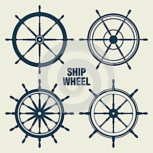 Collection of vintage steering wheels. Ship, yacht retro wheel symbol. Nautical rudder icon. Marine design element