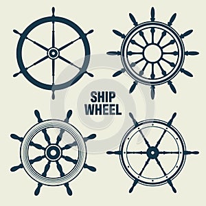 Collection of vintage steering wheels. Ship, yacht retro wheel symbol. Nautical rudder icon. Marine design element